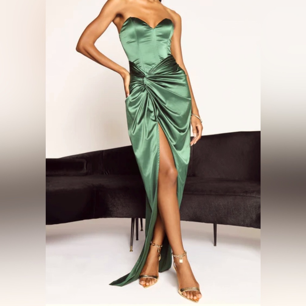 Fashion Nova Green Asymmetrical Ruched Gown